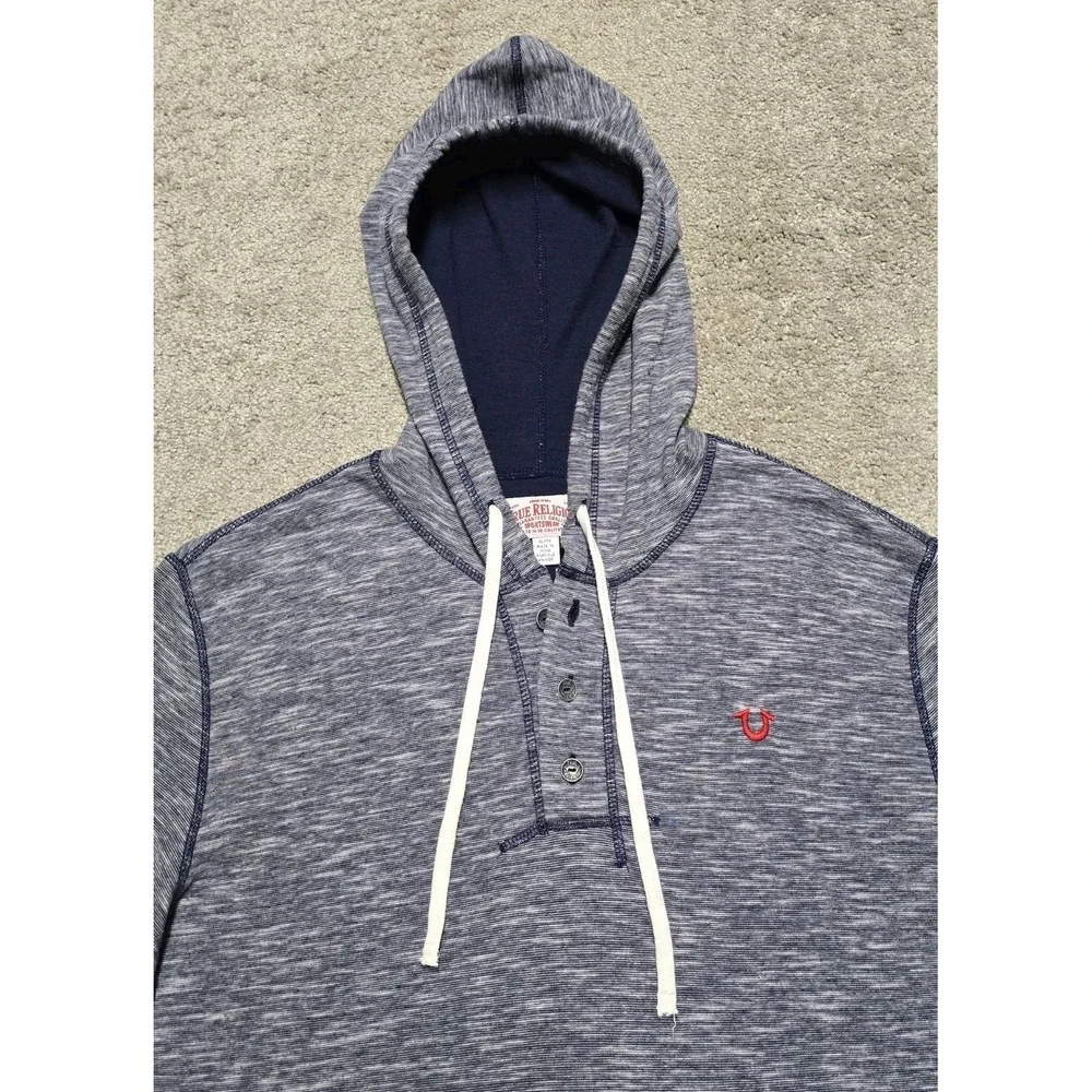 True Religion Heathered‎ Blue Henley Hoodie Jacket Mens Large Lightweight EUC